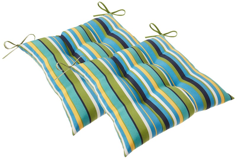 Pillow Perfect Stripe Indoor/Outdoor Chair Seat Cushion with Ties, Tufted, Weather, and Fade Resistant, 18.5" x 19", Blue/Green Topanga, 2 Count - Image 1